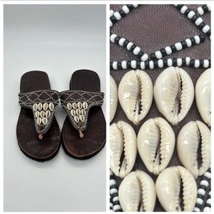 Hand-tooled Leather Flip Flop Sandals with Beads and Shells/Cool Boho Vibe 7.5